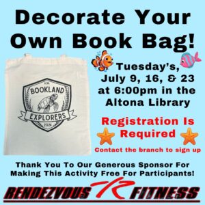 Poster for decorate your own book activity on Tuesday's, July 9, 16 and 23 at 6pm at the Altona library 