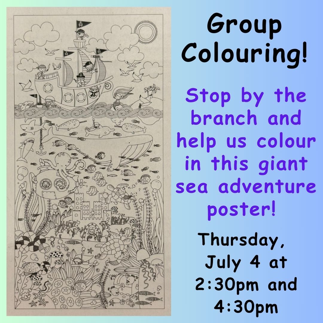 Poster for group colouring at the Altona branch on Thursday, July 4 at 2:30 and 4:30