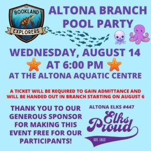 Poster for Altona branch pool party on Wednesday, August 14 at 6pm at the Altona Aquatic Centre