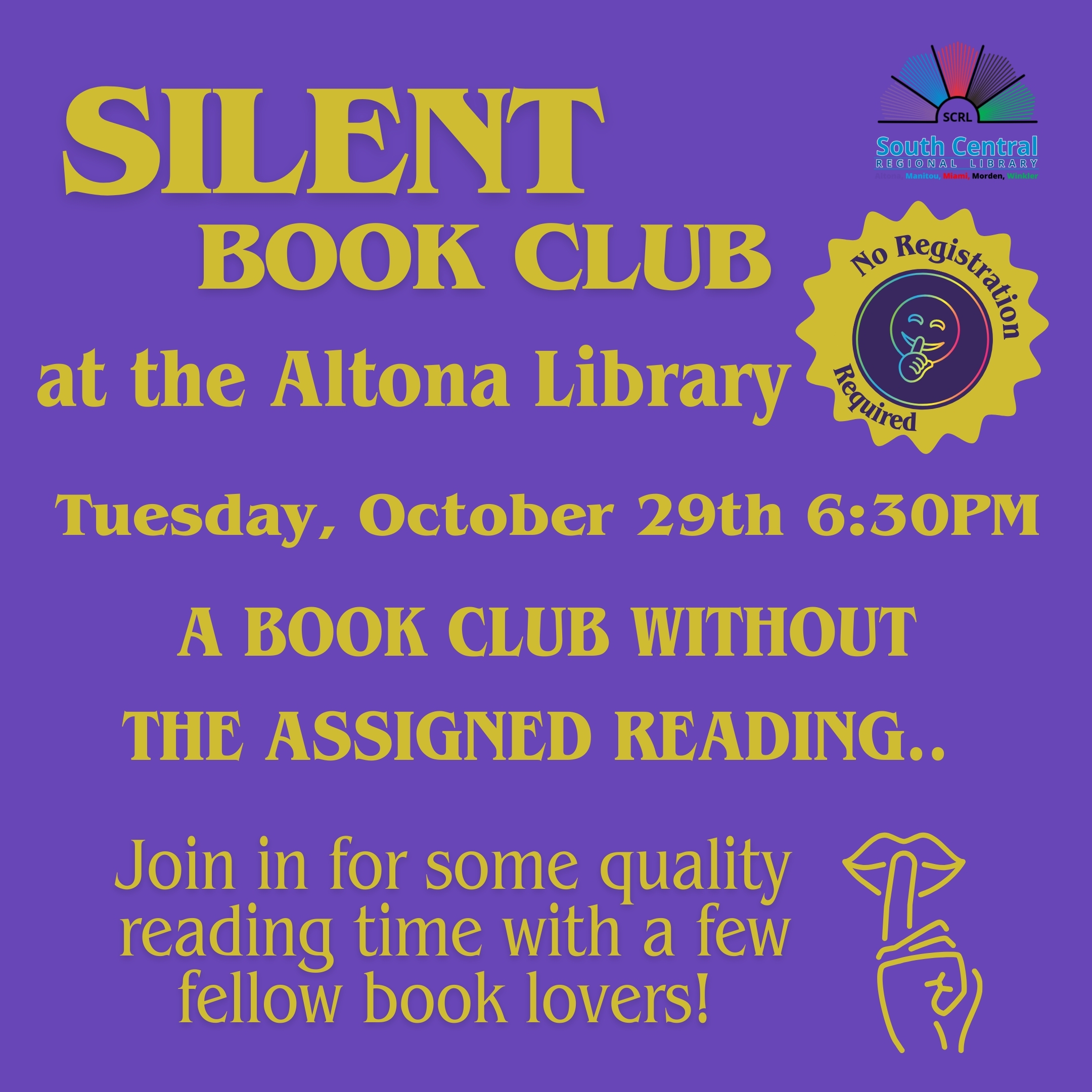 Poster for Altona's Silent Book Club. Contact the branch for more information on dates and times