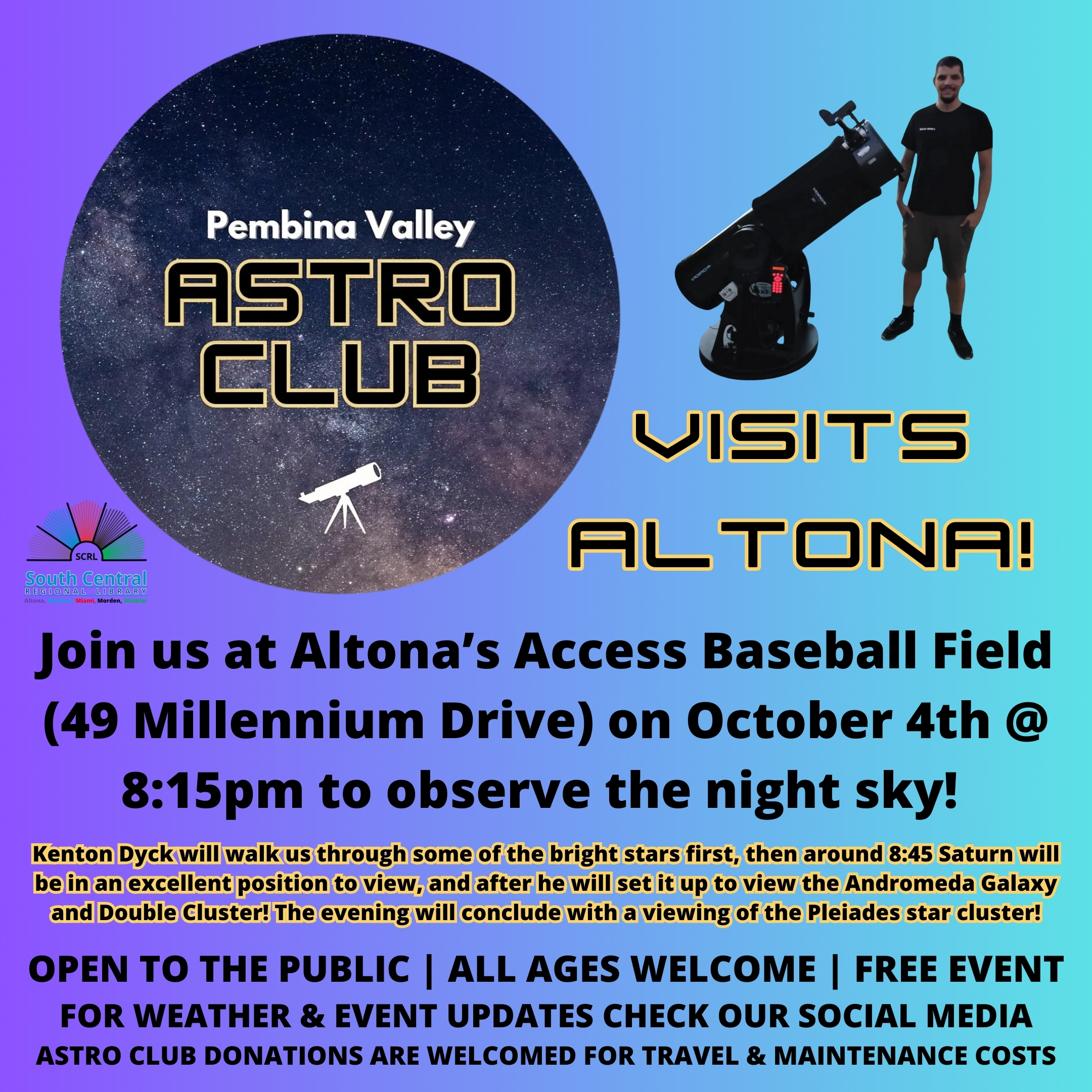 Poster for Astro Club event in Altona. Contact the Altona Library for more information.