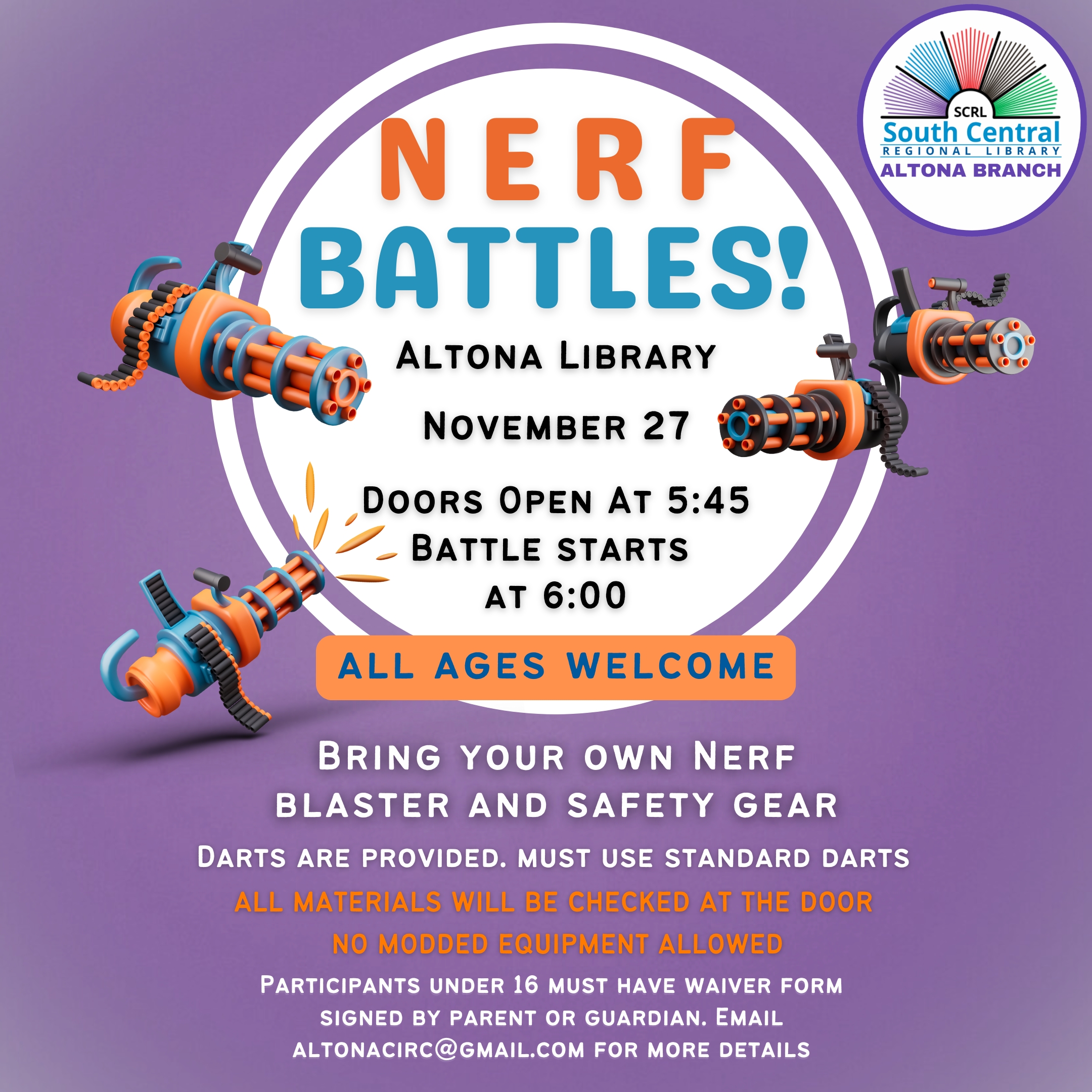 Poster for Altona Nerf Battles on November 27 @ 6pm