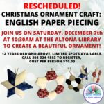 Poster for Christmas Ornament Craft in Altona on December 7 @ 1030am. Registration required, cost $10.00