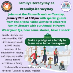 Poster for our Annual PJ party celebrating Family Literacy. Contact your local branch for more information.